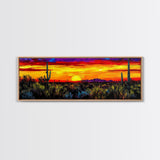 Desert Sunset Art, Vibrant Cactus Painting, Warm Boho Landscape, Southwestern Wall Decor, Bold Nature Print, Framed Canvas Print