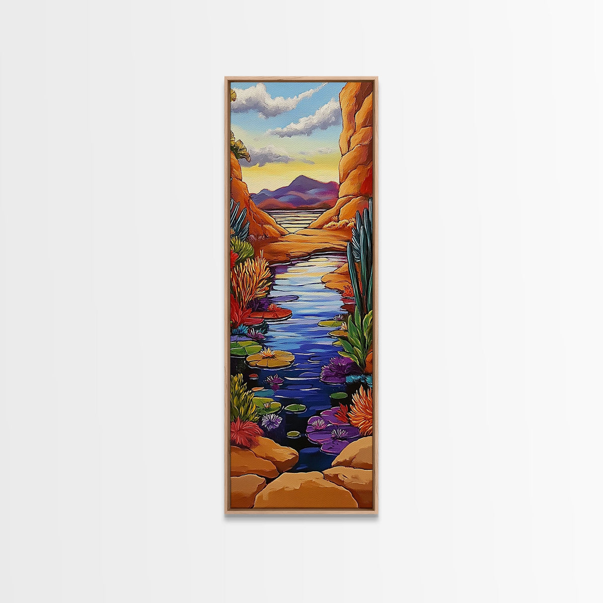 Pond Lilies, Canyon Scene, Framed Canvas Print, colorful lily pond canyon art, desert blooms, bold nature painting, dining room wall art