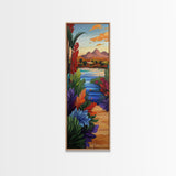 Path Garden, Village Painting, Framed Canvas Print, whimsical tropical pathway, village view, bold colorful foliage, hallway wall art, boho style