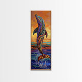 Dolphin Ocean, Sunset Splash, Vibrant marine wall decor Framed Canvas Print, colorful coastal boho art, beach house wall art
