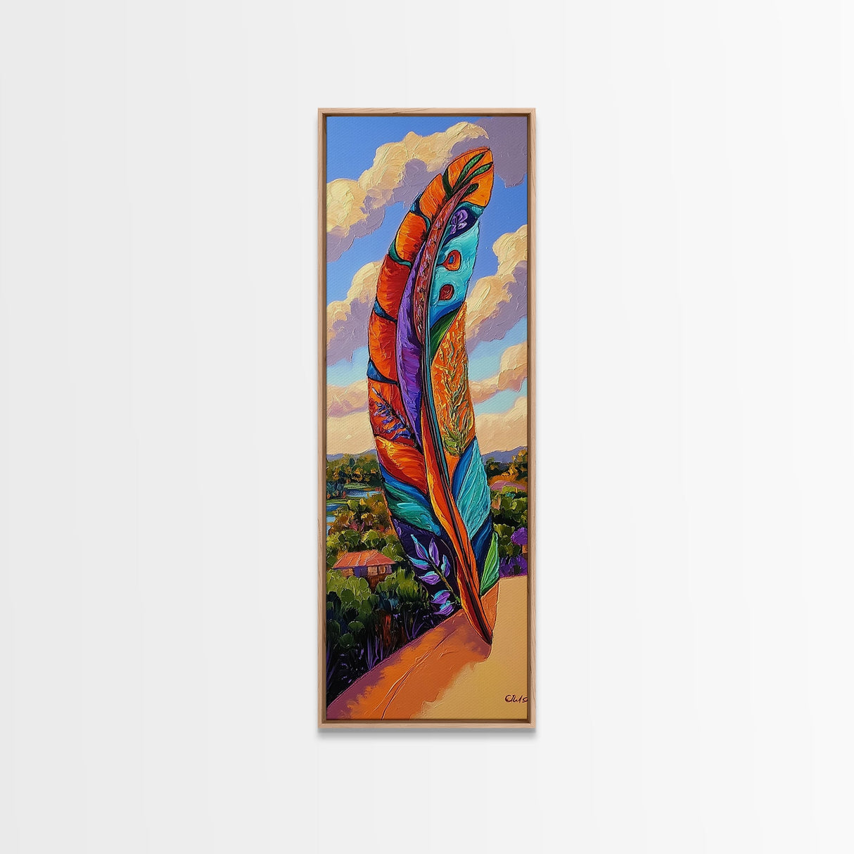 Feather Sky, Tribal Colorful, Bold feather landscape Framed Canvas Print, boho chic wall art, meditation room wall decor