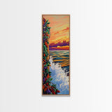 Sunset Waves, Colorful Leaves, Beach Serenity, Framed Canvas Print, vibrant ocean wall decor, boho coastal living room art
