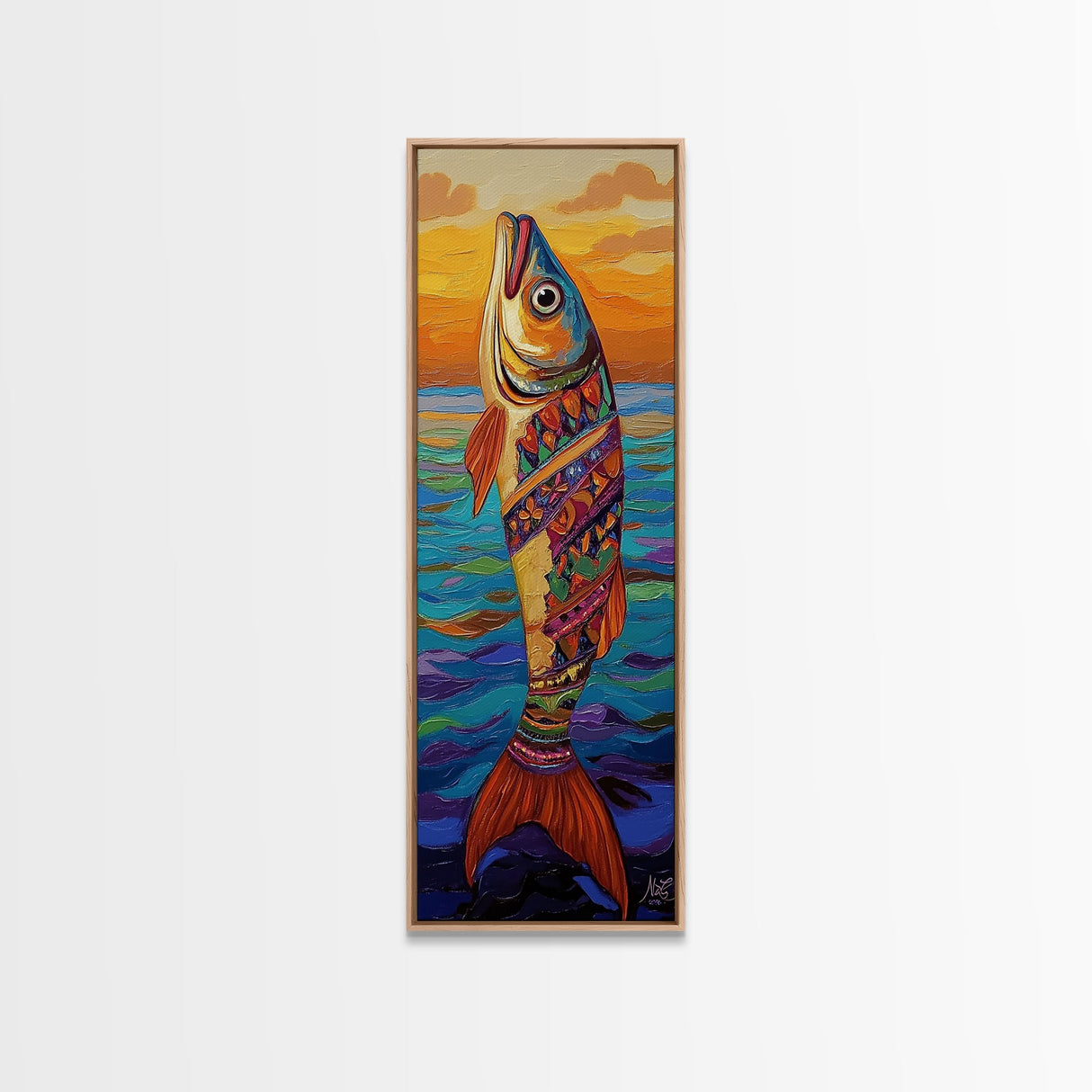 Tribal Fish, Ocean Sunset, Nautical Folk Art, Framed Canvas Print, coastal kitchen decor, whimsical ocean creature, colorful boho wall art