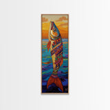 Tribal Fish, Ocean Sunset, Nautical Folk Art, Framed Canvas Print, coastal kitchen decor, whimsical ocean creature, colorful boho wall art