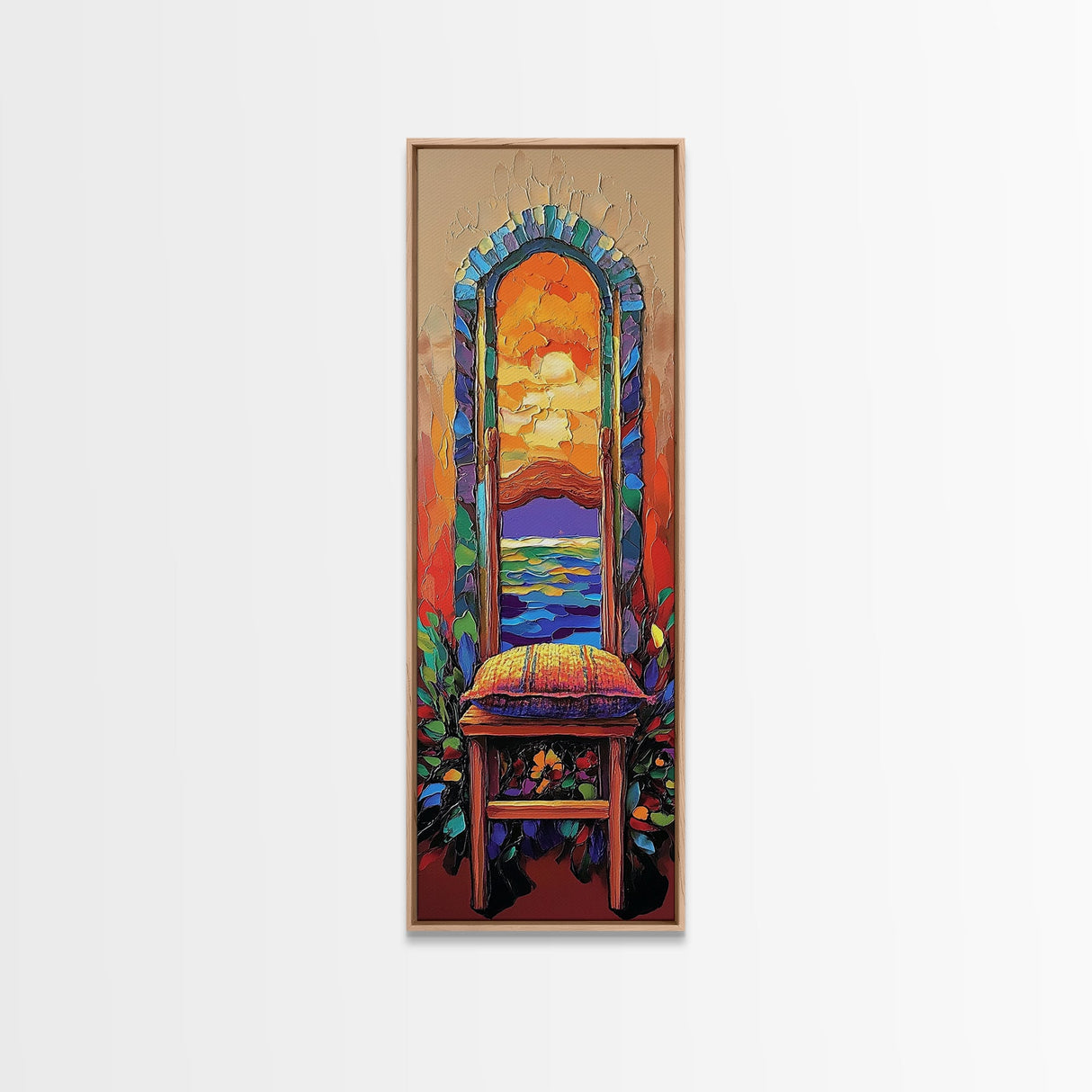 Chair, Window, Dream View, Colorful Surreal Framed Canvas Print, Vibrant Boho Wall Art, Bedroom Accent Piece, Artistic Home Decor Statement