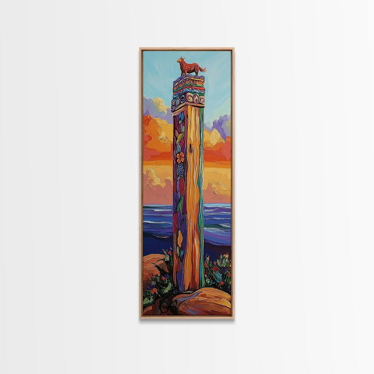 Totem, Ocean, Sunset, Whimsy - Framed Canvas Print, Coastal Totem Wall Art, Whimsical Beach House Decor, Colorful Folk Art Living Room Style