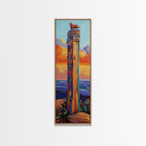 Totem, Ocean, Sunset, Whimsy - Framed Canvas Print, Coastal Totem Wall Art, Whimsical Beach House Decor, Colorful Folk Art Living Room Style