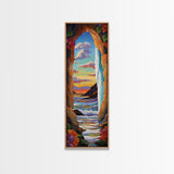 Ocean, Sunset, Archway, View, Framed Canvas Print, Coastal wall decor, tropical beach art, vibrant living room painting, boho landscape style