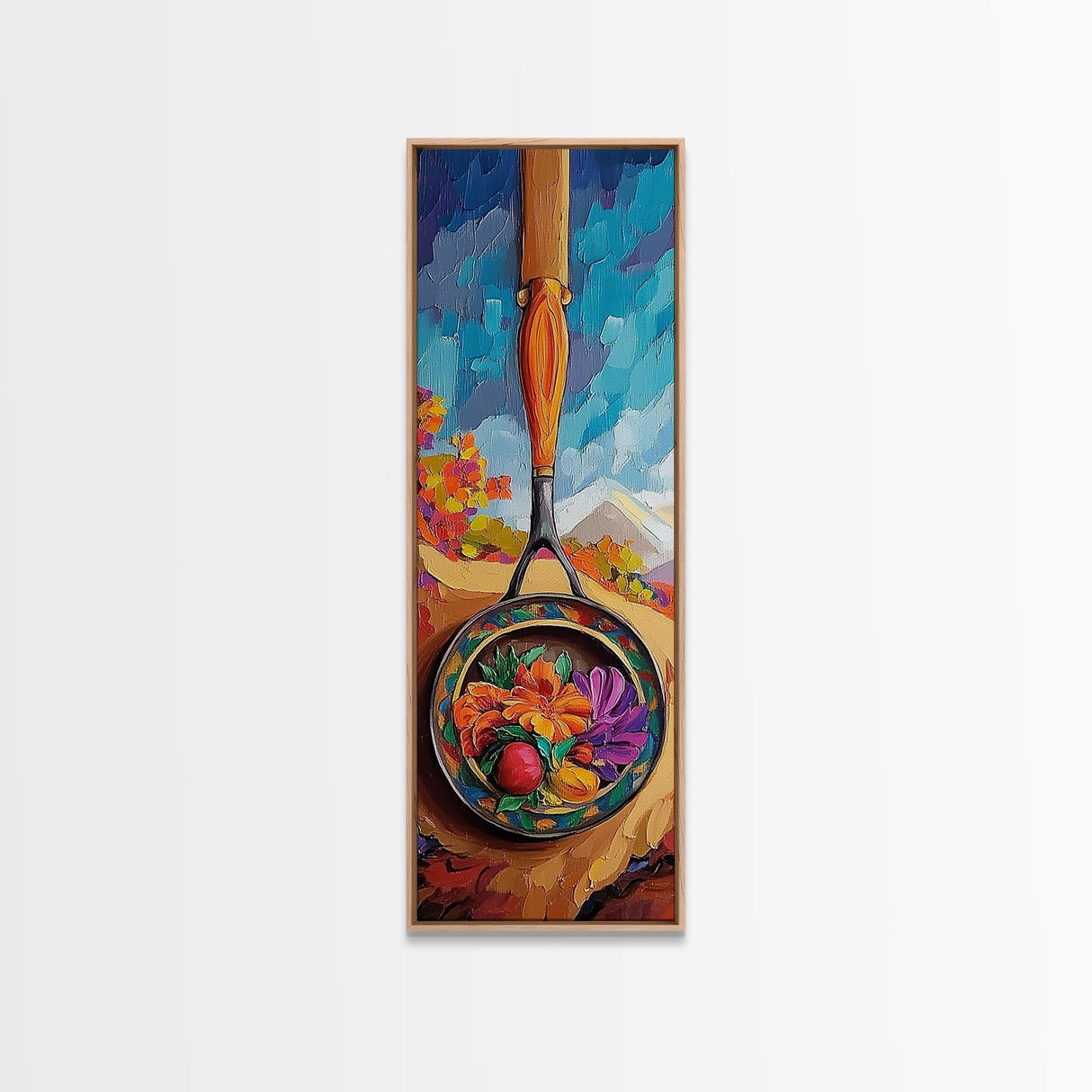 Frying, Pan, Fruit, Flowers, Framed Canvas Print, Kitchen wall decor, farmhouse fall art, rustic home accent, colorful culinary still life