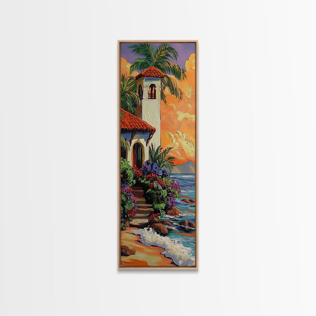 Seaside, Villa, Sunset, Palms, Framed Canvas Print, Coastal tropical wall art, beach house decor, boho living room painting, colorful home vibes