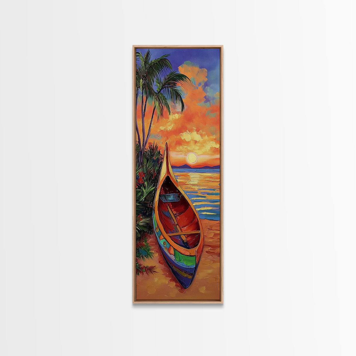 Sunset, Boat, Beach, Tropical, Framed Canvas Print, coastal boat painting, beach wall art, living room decor, colorful sunset, nautical art