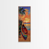 Sunset, Boat, Beach, Tropical, Framed Canvas Print, coastal boat painting, beach wall art, living room decor, colorful sunset, nautical art