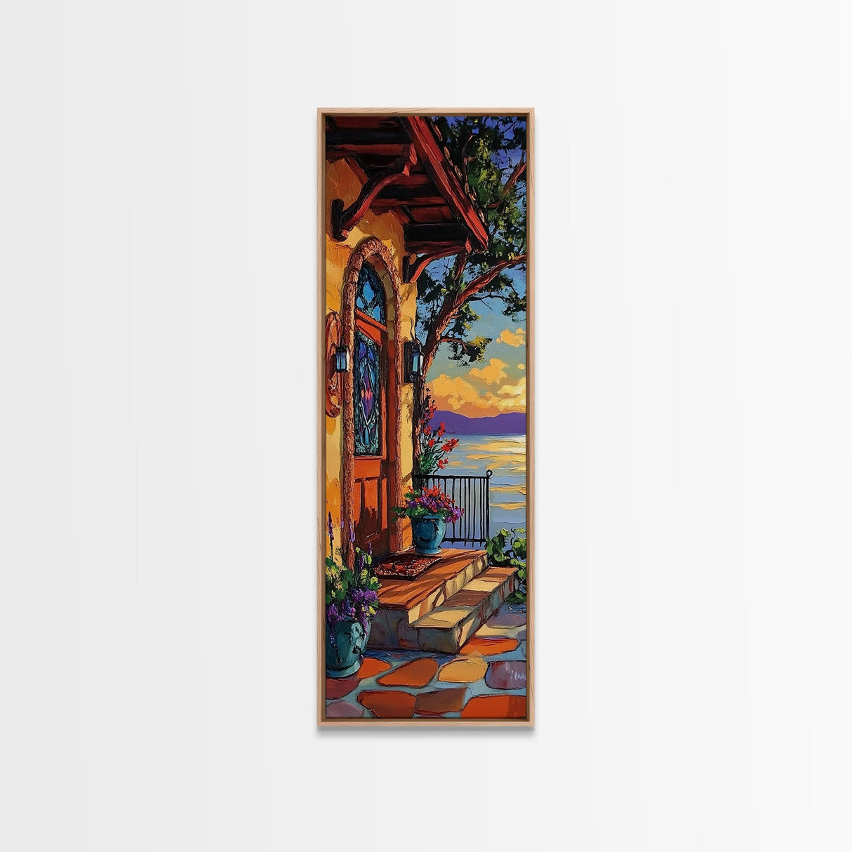 Doorway, Ocean, Mediterranean, Flowers, Framed Canvas Print, Mediterranean doorway wall art, ocean view canvas print, flower entryway painting