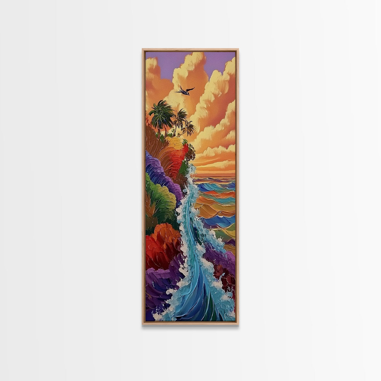 Rainbow Cliff, Ocean Waves, Sunset Coast, Framed Canvas Print, tropical beach decor, vibrant boho wall art, coastal entryway painting