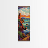 Coastal, Sunset, Seascape, Vibes, Framed Canvas Print of ocean cliffs and crashing waves, modern coastal wall art, beach house decor