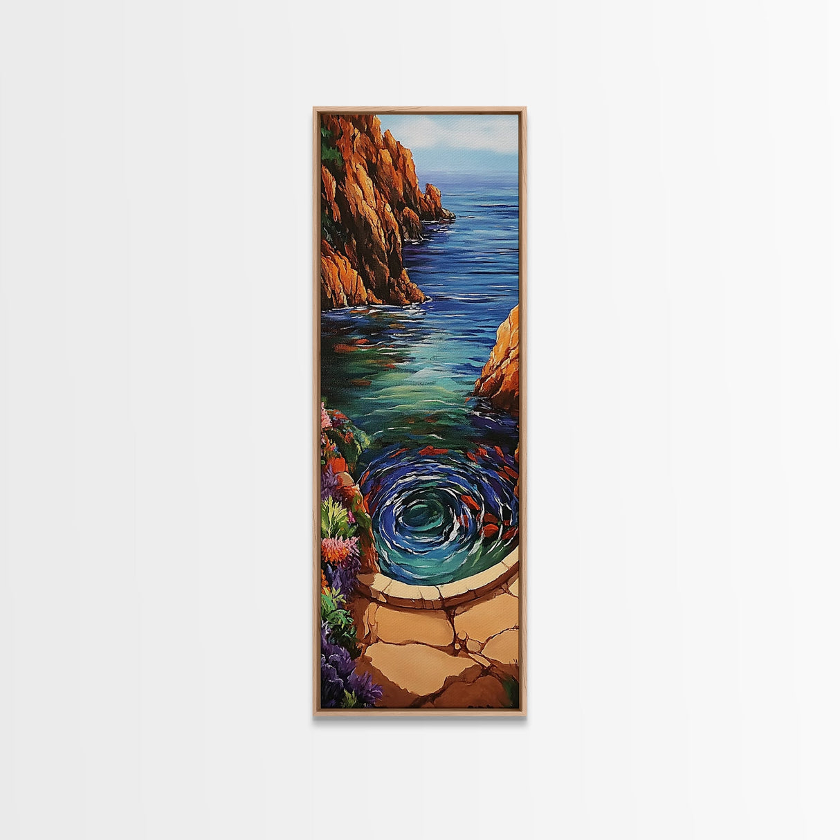 Ocean, Vortex, Cliffside, Landscape, Framed Canvas Print with ocean whirlpool, mystical seascape, fantasy art, coastal bathroom wall art