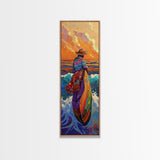 Woman, Sunset, Canoe, Vibrant Mexican Sunset Canvas Print, Latin American Decor, Living Room Wall Art, Bohemian Coastal Painting