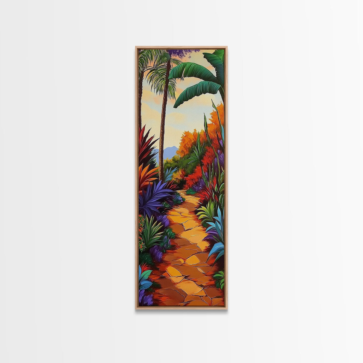 Tropical Pathway, Palms, Jungle Walkway Framed Canvas Print, Bohemian Wall Art, Bedroom Botanical Decor, Vibrant Nature Illustration
