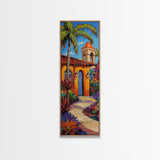 Spanish Villa, Garden, Tropical House Framed Canvas Print, Southwestern Wall Decor, Vibrant Living Room Art, Colorful Home Scene