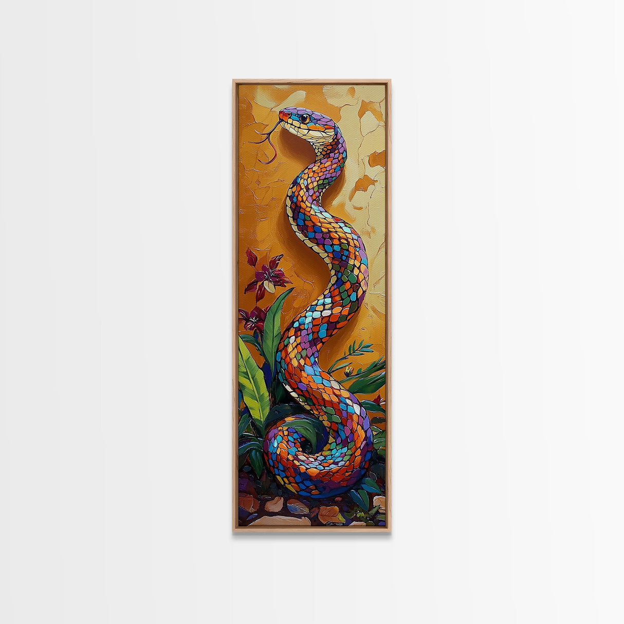 Colorful,Snake, Garden, Bold Mosaic Serpent Framed Canvas Print, Bohemian Wall Art, Unique Nature Decor, Southwestern Living Room