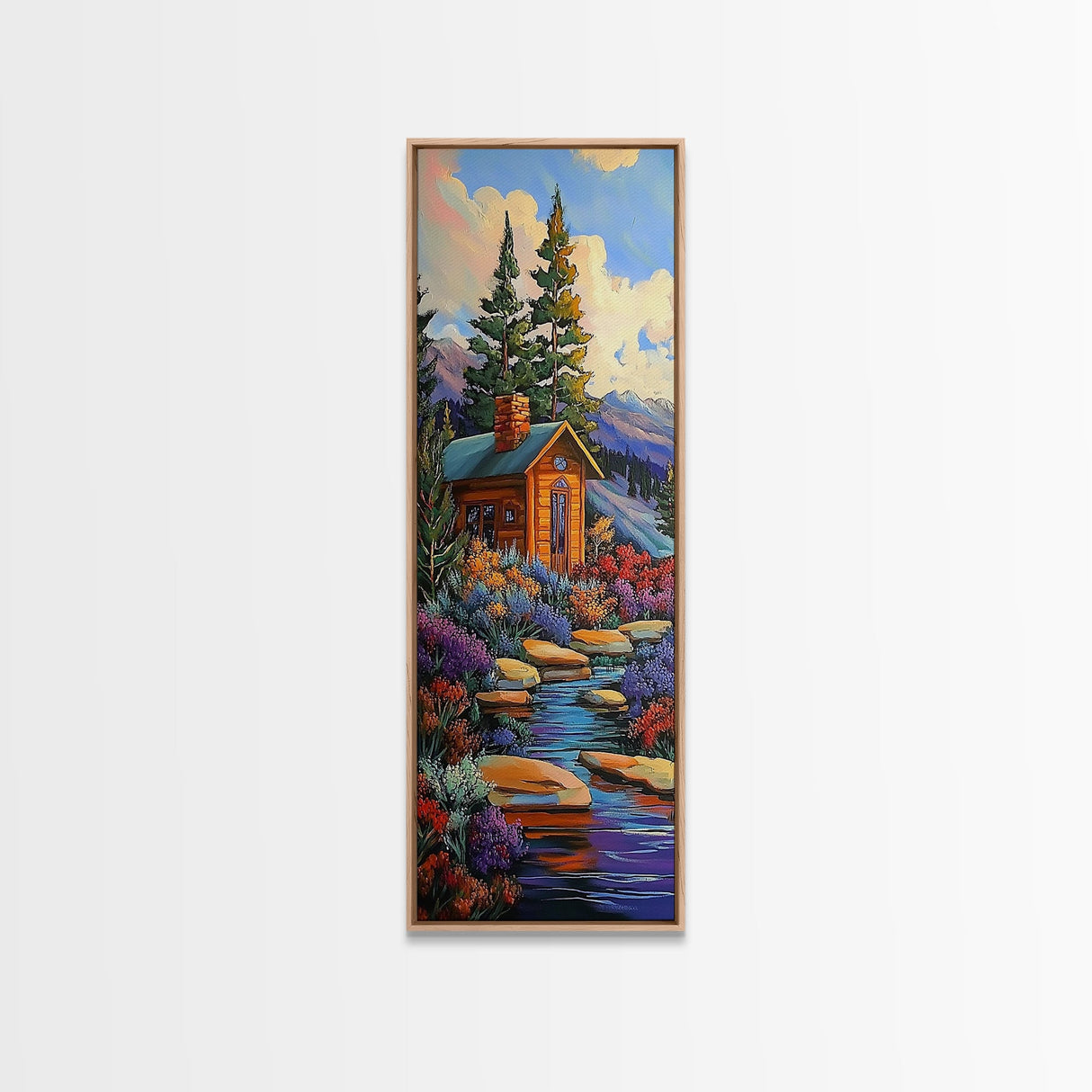 Mountain Cabin, Forest Path, Autumn Escape, Framed Canvas Print, cozy fall cabin wall art, rustic lodge decor, nature inspired artwork