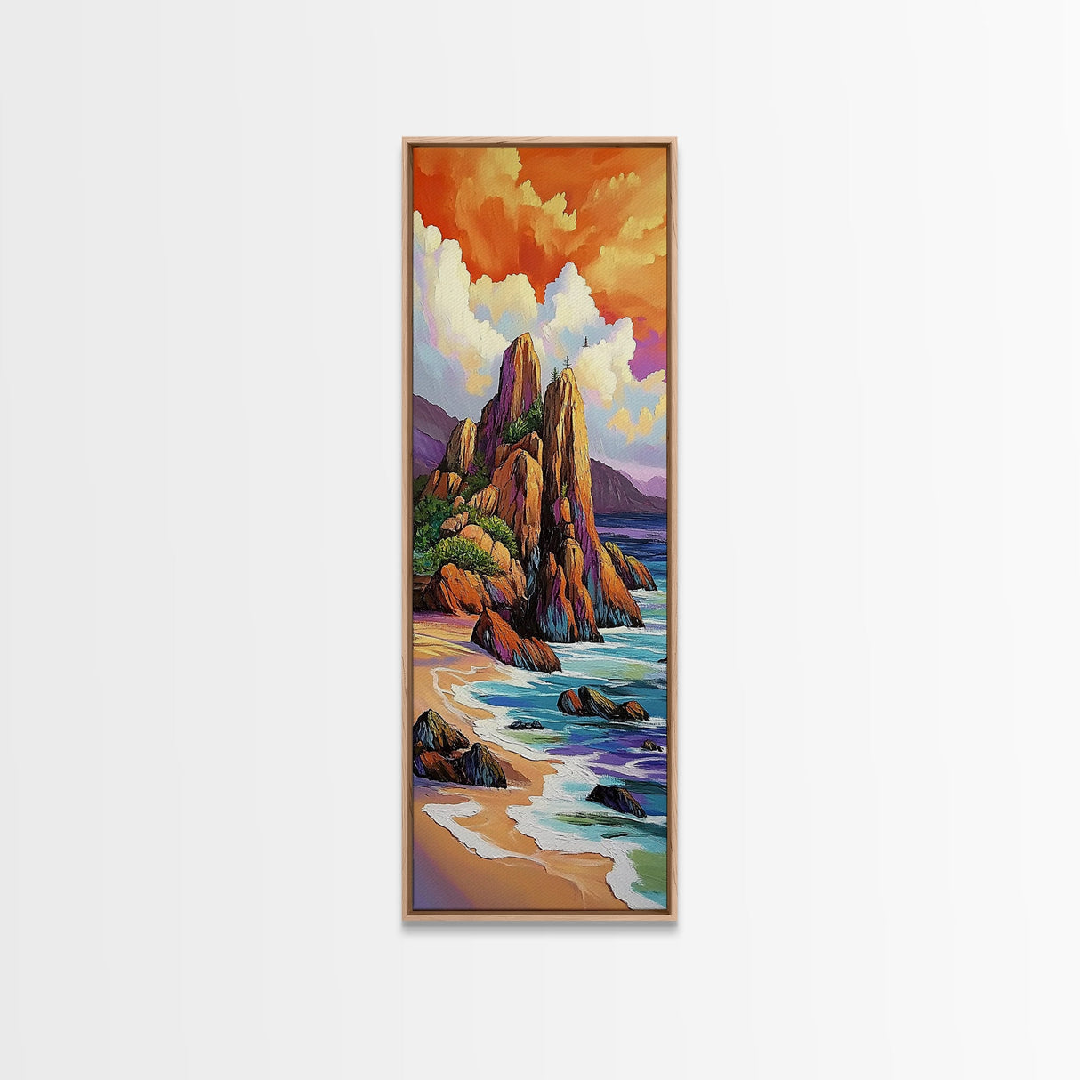 Seascape Beach, Sunrise, Rocks, Framed Canvas Print, Coastal seascape beach painting, vivid sunrise wall decor, coastal living room wall art