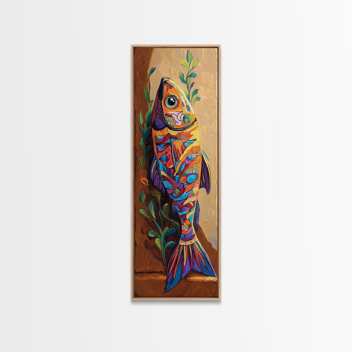 Colorful Fish, Folk Painting, Canvas Print Mexican folk art kitchen decor, ocean wall art, playful seafood theme, rustic coastal kitchen