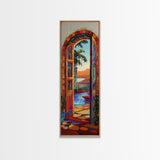 Open Doorway, Water, Boats — Canvas Print of seaside view through open door, perfect Coastal Bathroom Wall Art or Tropical Living Room Decor