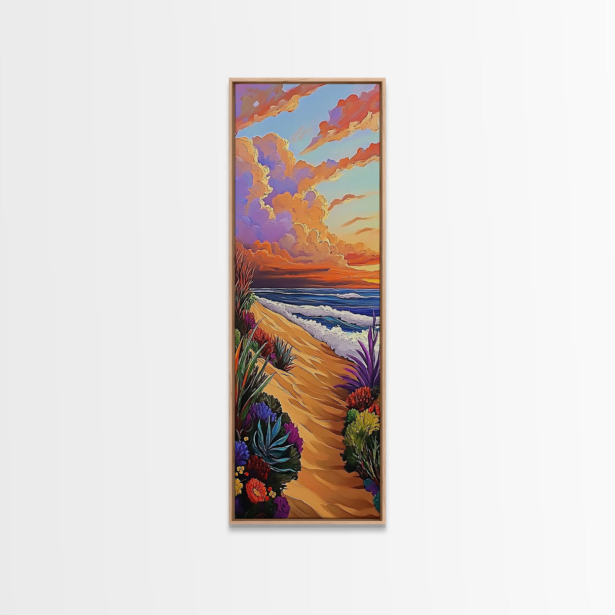 Seaside Sunset, Floral, Ocean Pathway Canvas Print, Vibrant Beach Decor, Coastal Hallway Wall Art, Bold Bohemian Beach Painting