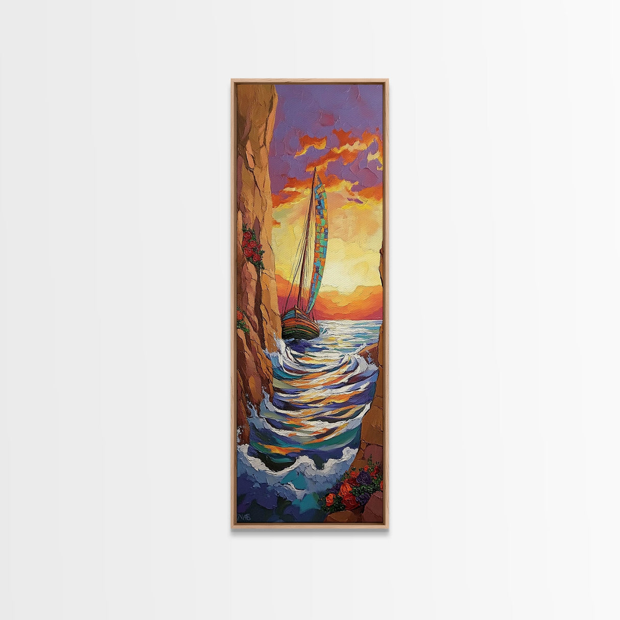 Sailboat Sunset, Cliff, Canvas Print, Vibrant Nautical Wall Art, Boho Coastal Decor, Adventure Beach House Living Room Statement