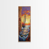 Sailboat Sunset, Cliff, Canvas Print, Vibrant Nautical Wall Art, Boho Coastal Decor, Adventure Beach House Living Room Statement
