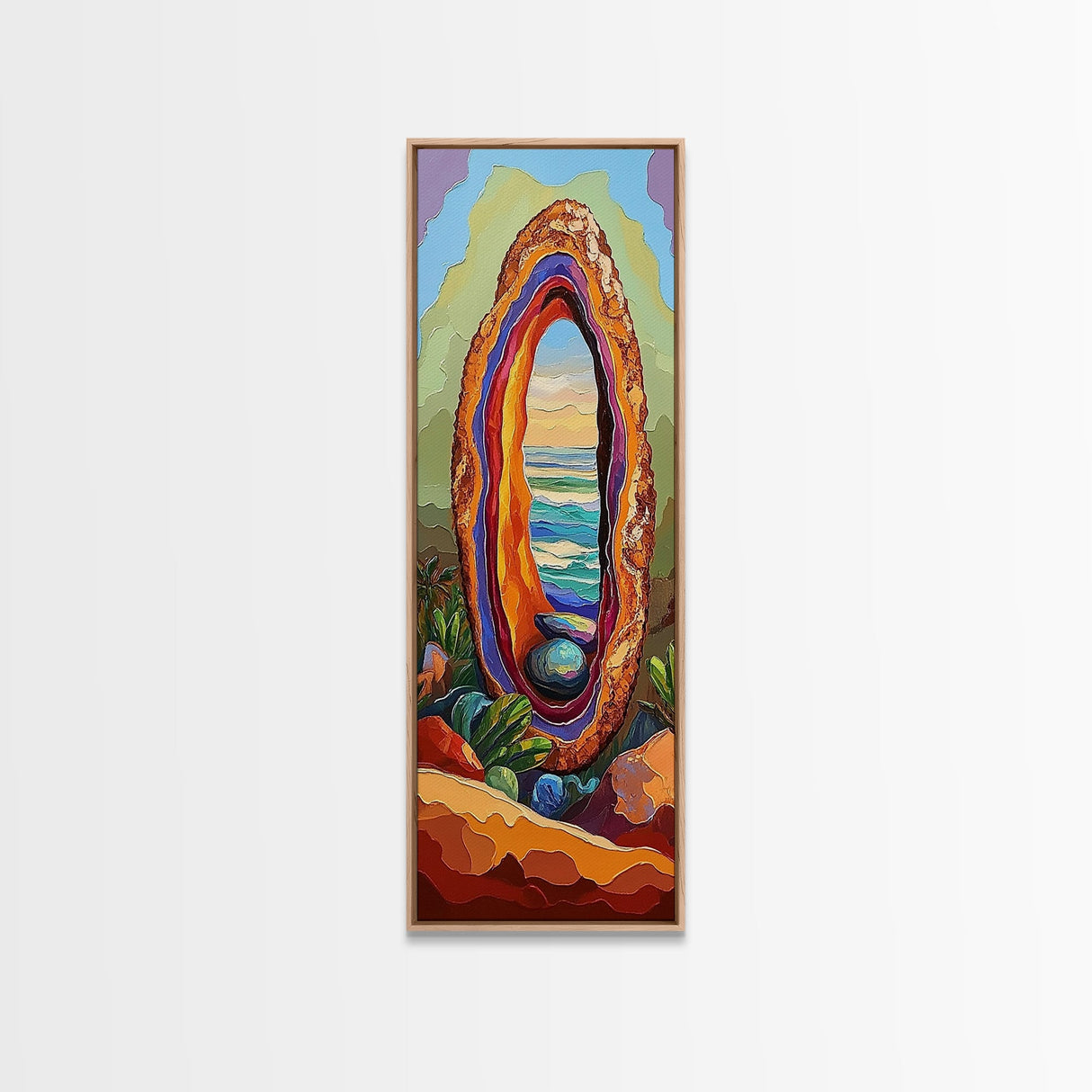 Ocean Portal, Geode Shell, Dreamy, Surreal Beach Art, Framed Canvas Print, Boho Bedroom Decor, Psychedelic Coastal Wall Art