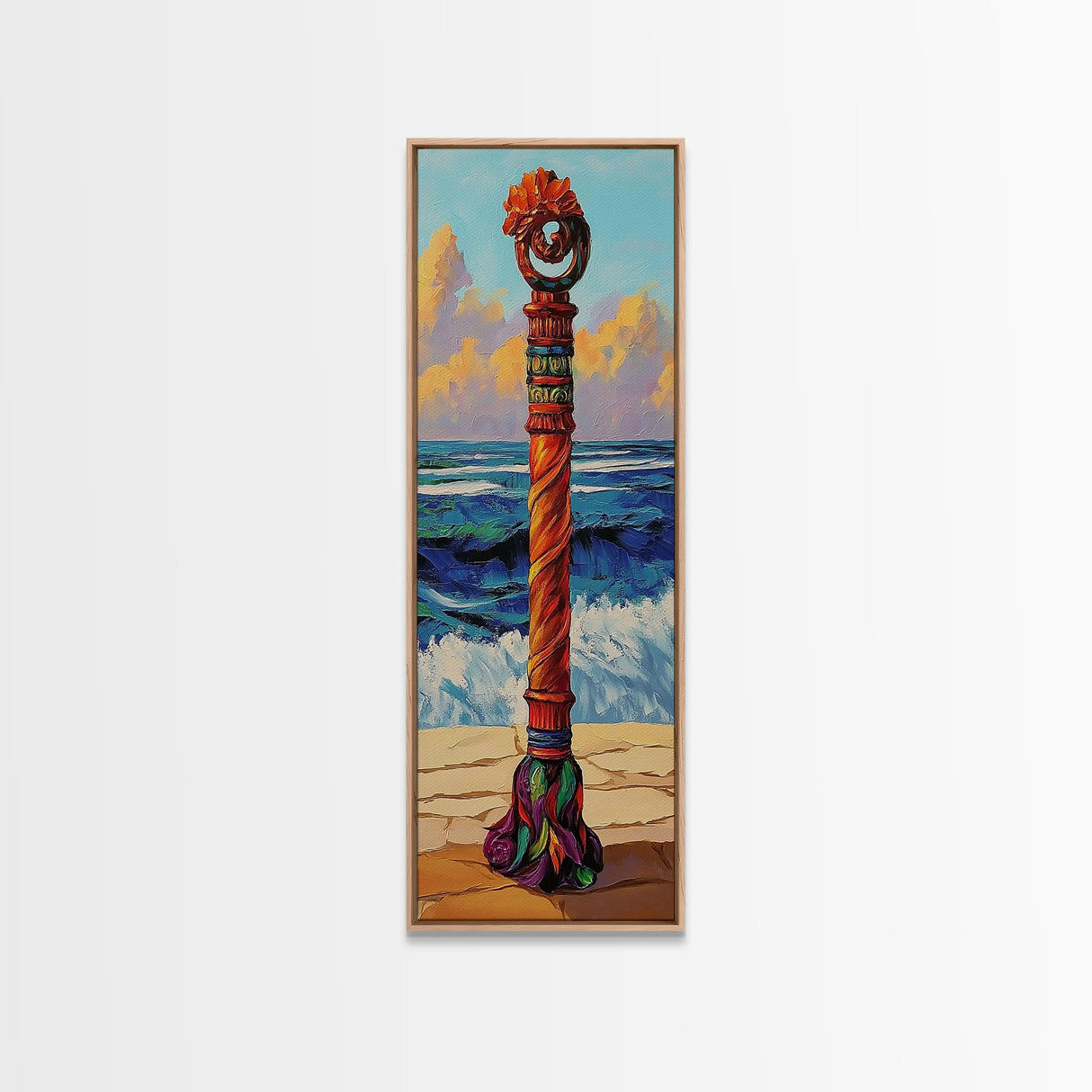 Coastal Totem, Bold, Art, Framed Canvas Print tropical tribal decor, ocean beach vibes, colorful surfside pole painting, seaside living room