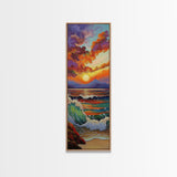 Sunset Seascape, Waves, Ocean Framed Canvas Print vivid wave crashing art, colorful sky landscape, modern coastal art, beach house decor