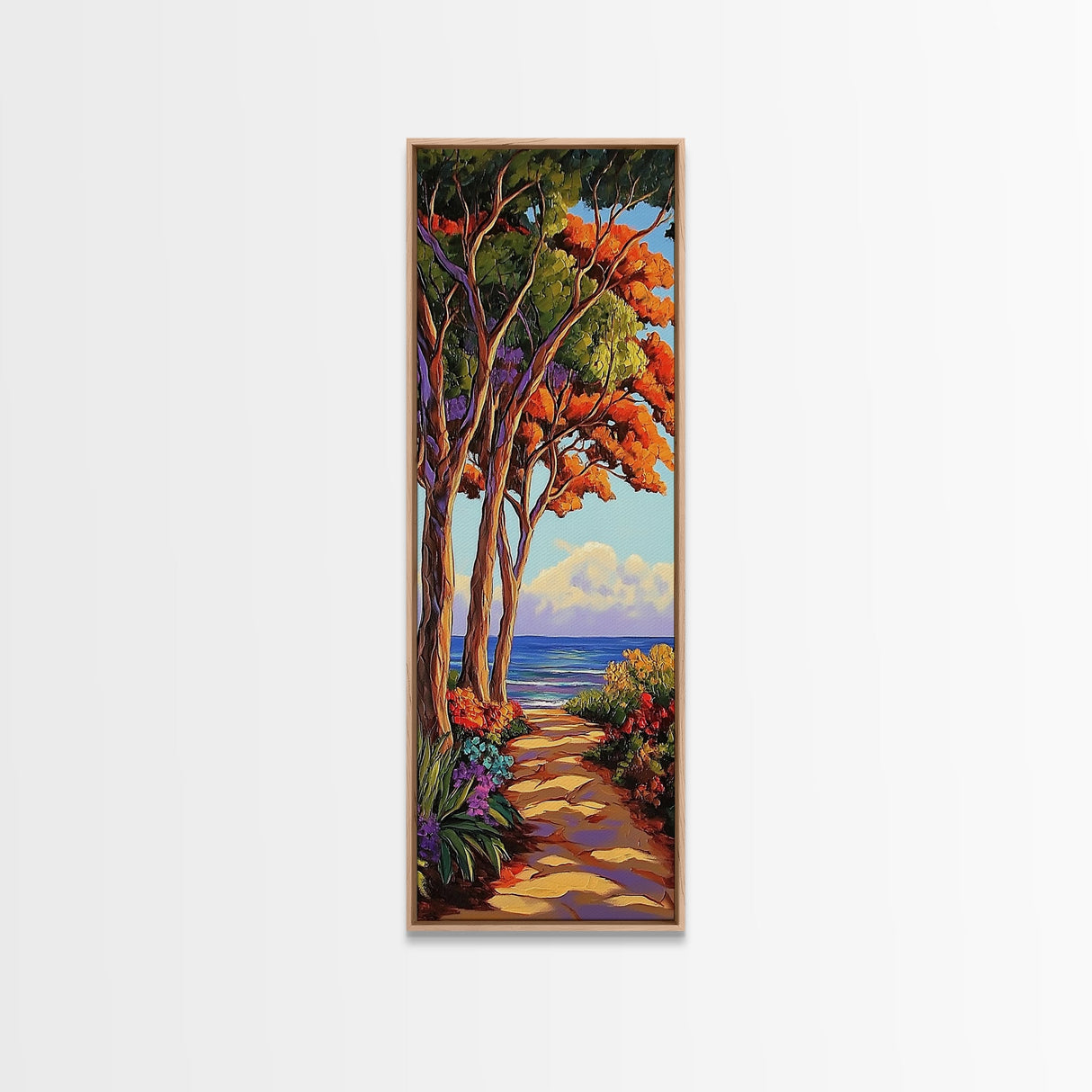 Trees Shoreline,Sunset,Serene — Framed Canvas Print, coastal nature wall art, tropical autumn decor, landscape painting, living room artwork