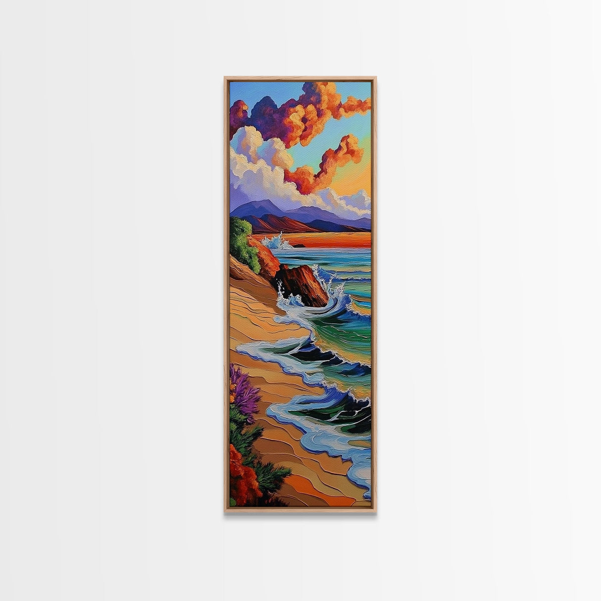 Sunset Beach, Bold Coastline, Ocean Horizon Art, Framed Canvas Print, Modern Landscape Wall Art, Vibrant Living Room Seascape