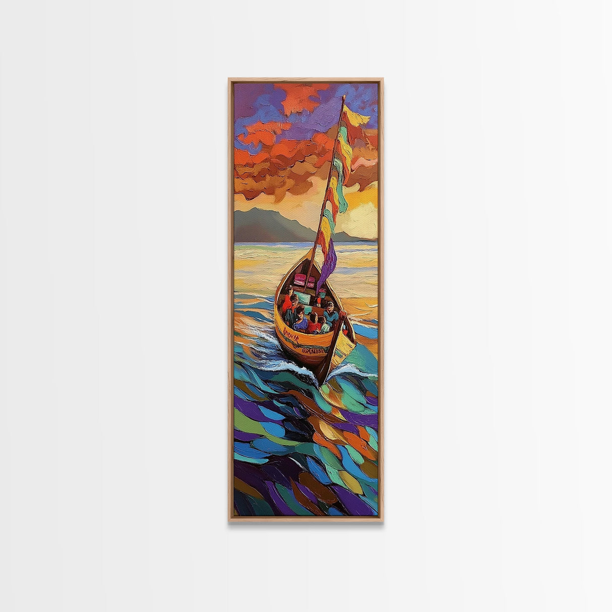Colorful Boat, Sunset Sea, Vibrant Ocean Scene, Framed Canvas Print, Coastal Wall Decor, Eclectic Living Room Art, Nautical Wall Art