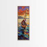 Colorful Boat, Sunset Sea, Vibrant Ocean Scene, Framed Canvas Print, Coastal Wall Decor, Eclectic Living Room Art, Nautical Wall Art