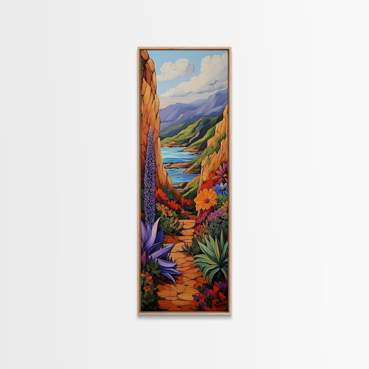 Colorful Desert, Garden, Pathway, Framed Canvas Print, boho art, hallway wall decor, vibrant landscape painting, cactus desert art