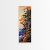 Forest Cliffside, Birds, Ocean, Canvas Print, vibrant fall art, whimsical nature scene, cabin wall art, living room or den decor
