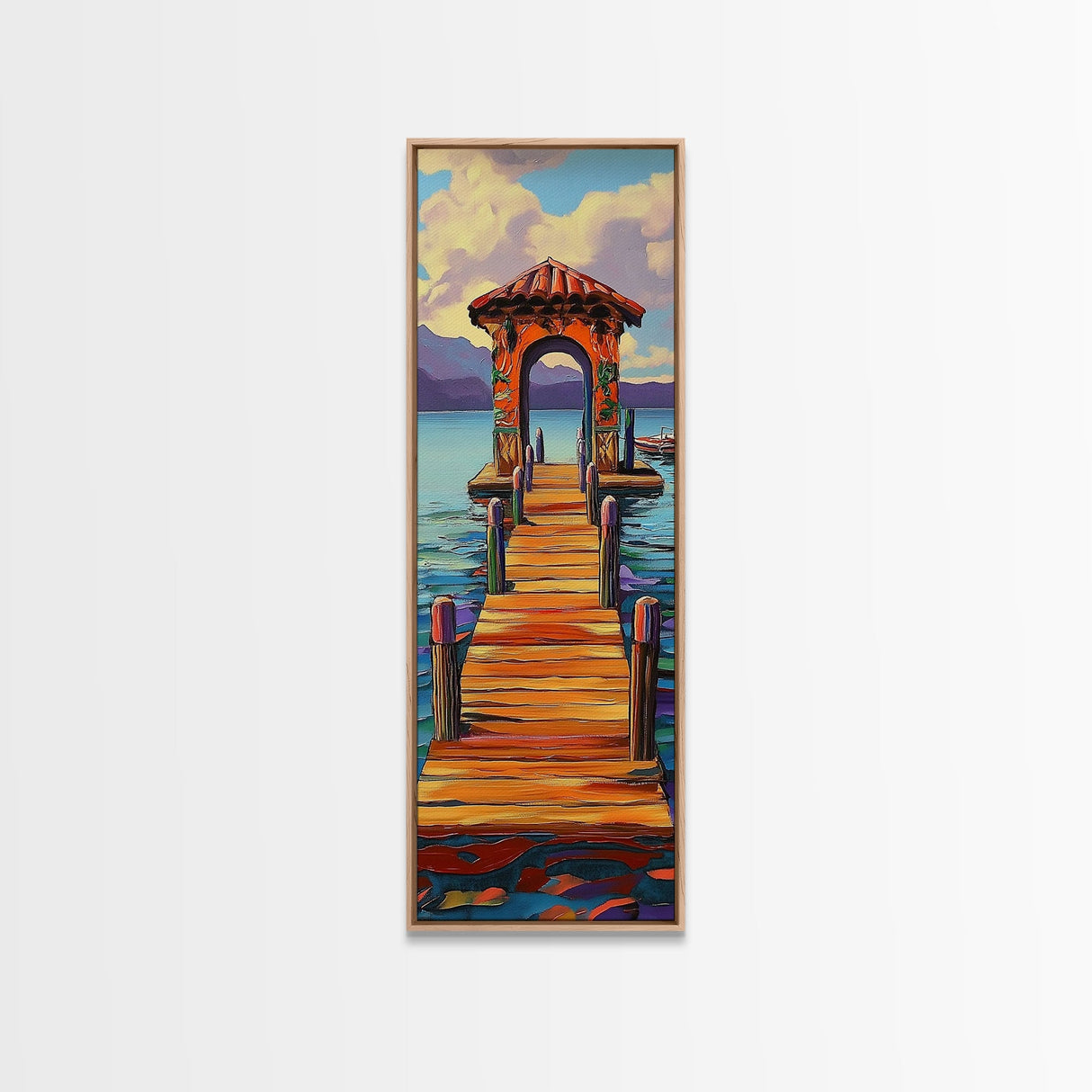 Colorful Pier, Archway, Water — Framed Canvas Print of a vibrant pier scene, coastal wall art, boho lake house decor, office accent