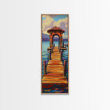 Colorful Pier, Archway, Water — Framed Canvas Print of a vibrant pier scene, coastal wall art, boho lake house decor, office accent