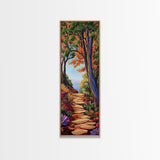 Autumn Pathway, Forest, Nature — Framed Canvas Print of scenic forest path with fall trees, cozy rustic living room wall decor, woodland art