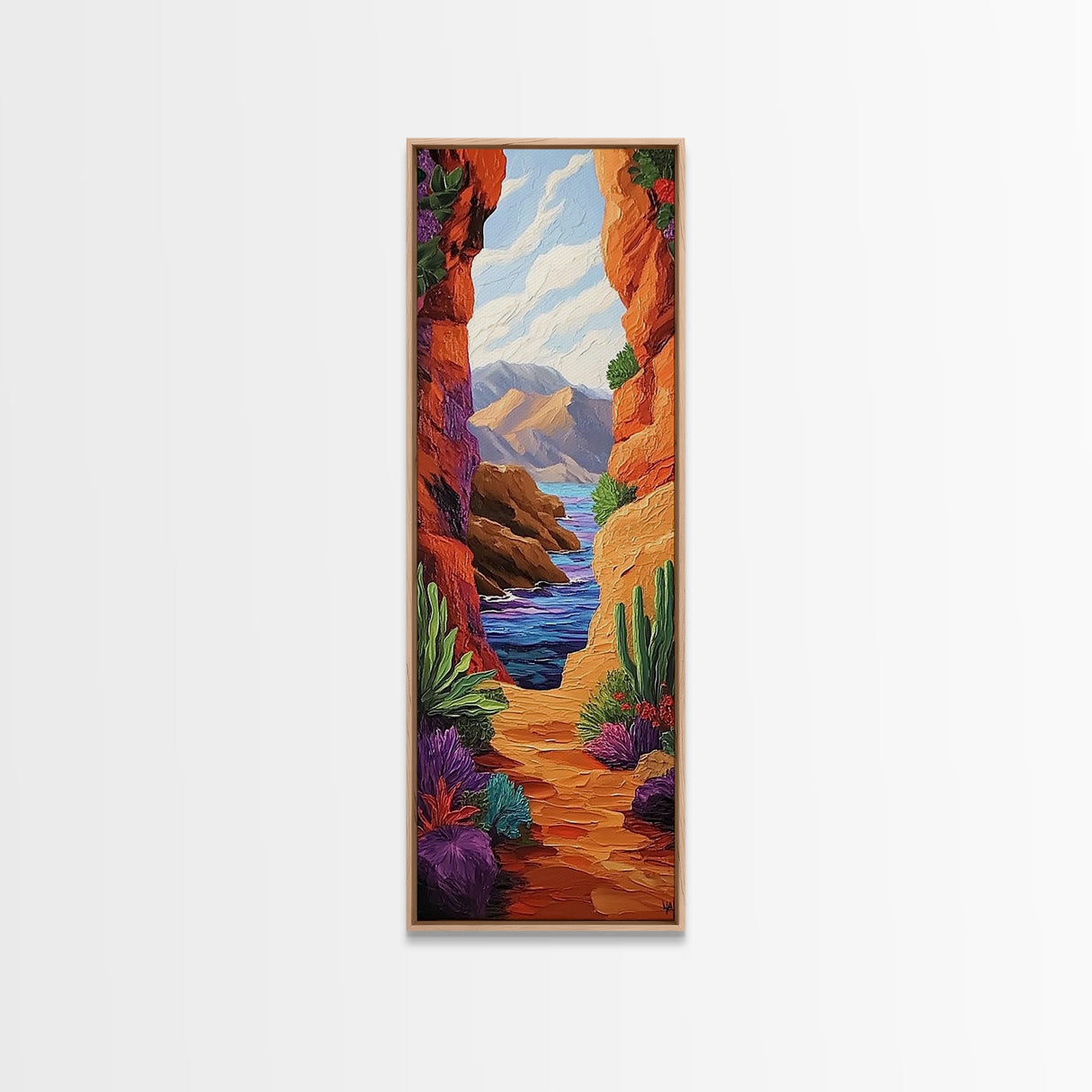 Desert Ocean, Cactus View, Framed Canvas Print, southwestern boho wall art, colorful nature painting, rustic hallway decor, warm earth tones