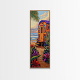 Tropical Camper, Beach Sunset, Framed Canvas Print, beach house wall decor, boho camper wall art, colorful coastal painting, fun summer vibes