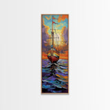 Pirate Ship, Sunset Ocean, Framed Canvas Print, nautical wall art, sailing adventure painting, moody seascape decor, office or den wall art