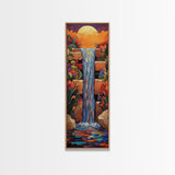 Sunset Waterfall, Flowers Fantasy, Framed Canvas Print, Vibrant landscape art, living room boho decor, magical nature scene