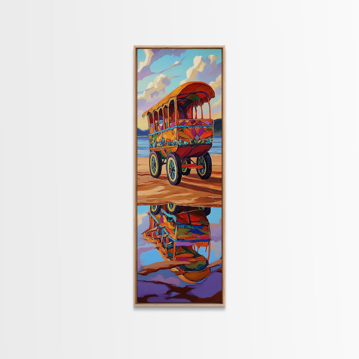 Wagon Reflection, Beach Vibrant, Framed Canvas Print, Colorful bohemian coastal art, living room decor, whimsical wall painting