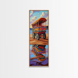 Wagon Reflection, Beach Vibrant, Framed Canvas Print, Colorful bohemian coastal art, living room decor, whimsical wall painting