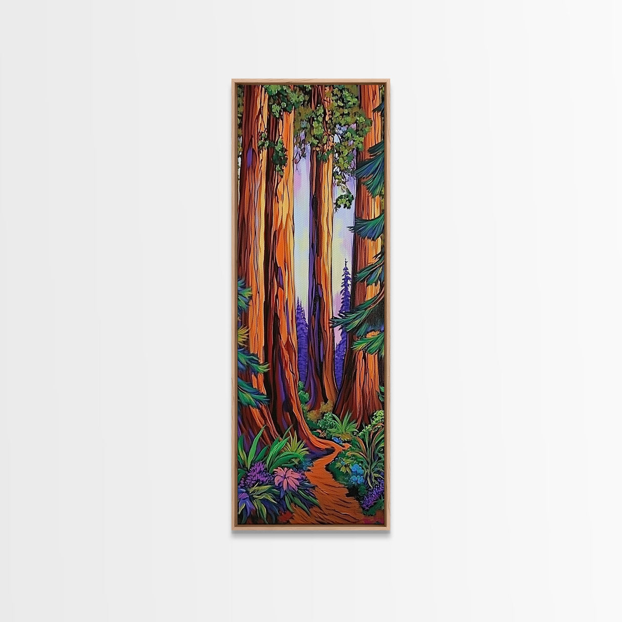 Redwood Forest, Pathway, Serenity - Framed Canvas Print, majestic tall trees art, calming woodland wall décor, rustic cabin or den decor